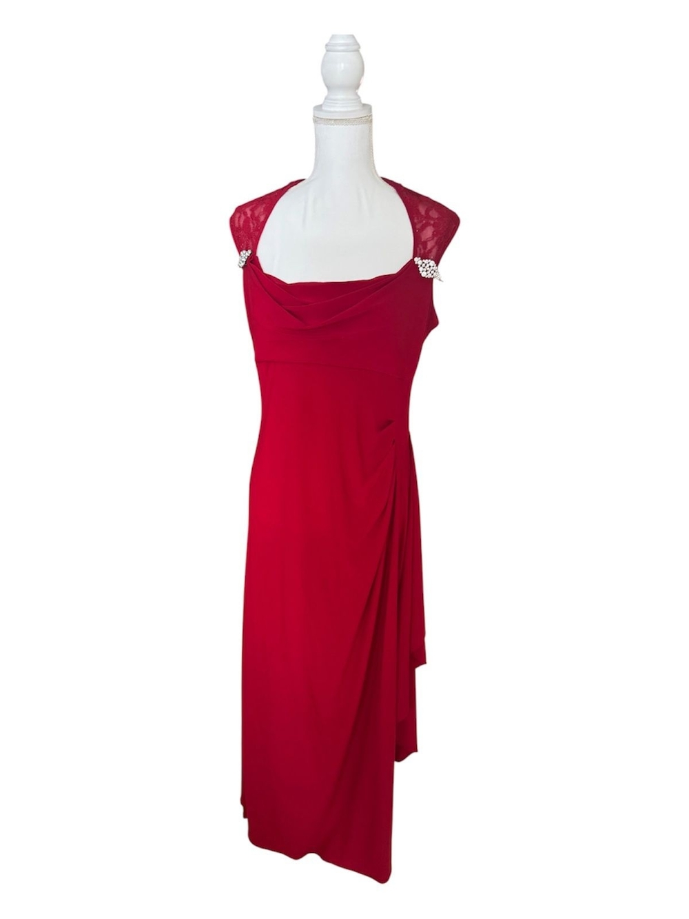 R&M Richards Red Draped Midi Dress with Lace Cap Sleeves